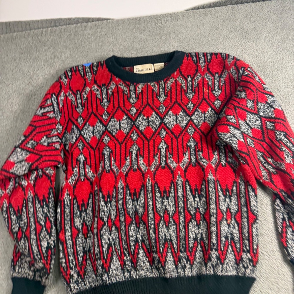 Vintage Gabrielle Red Black Geometric Intarsia Knit Crewneck Sweater Mens Medium
